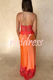 Elegant Evening Satin Lace Patchwork See-through Waist Slip Maxi Dress