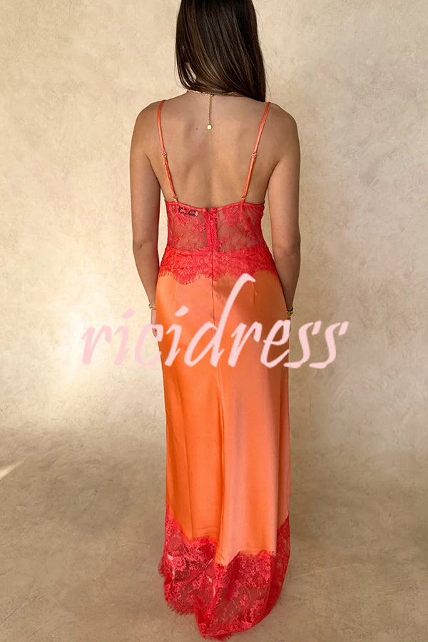 Elegant Evening Satin Lace Patchwork See-through Waist Slip Maxi Dress