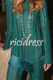 Relaxing Time Knit Zigzag Pattern Tassel Trim Slit Top and Wide Leg Pants Set