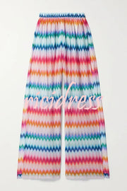 Colorful Zigzag Pattern Halter Neck Stretch Bikini and Elastic Waist Slit PantsThree-Piece Set