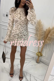 Twilight Ember Knit Sequin Tassels Wide Neck Long Bell Sleeve Mini Dress