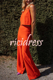 Modern and Elegant Solid Crop Tank and High Rise Flare Loose Pants Set