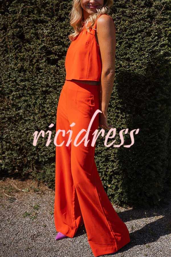Modern and Elegant Solid Crop Tank and High Rise Flare Loose Pants Set