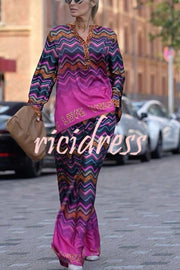 Coreen Leopard Colorful Wave Print Long Sleeve Shirt and Elastic Waist Pocket Pants Set