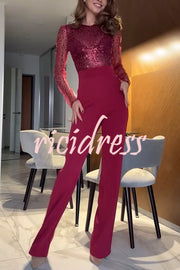 Seleia Tulle Sequin Patchwork Long Sleeve Wide Leg Stretch Jumpsuit