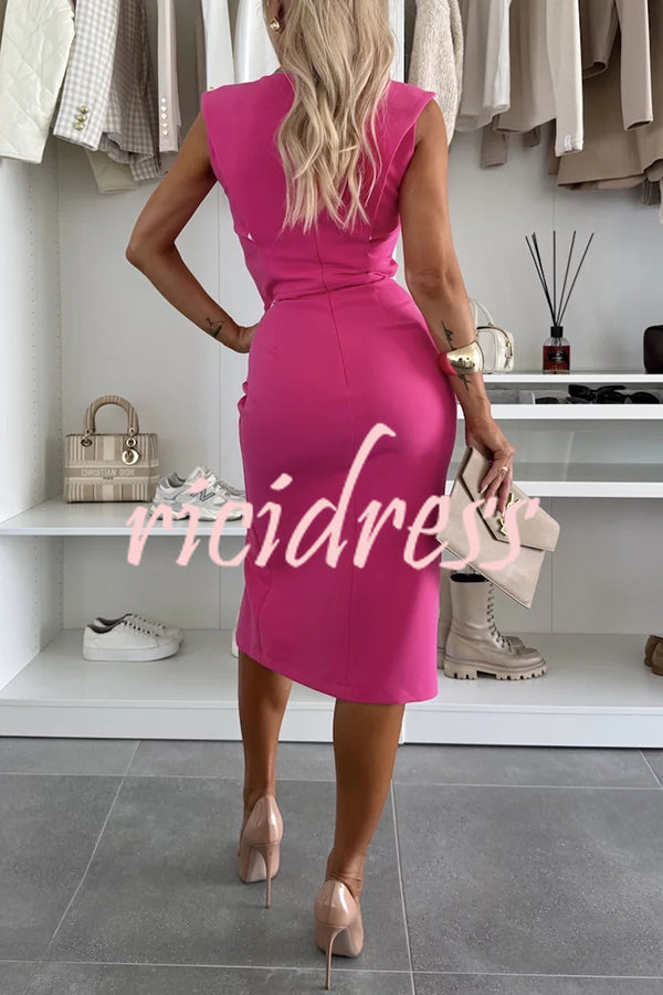 Solid Color Round Neck Sleeveless Slim Fit Slit Midi Dress