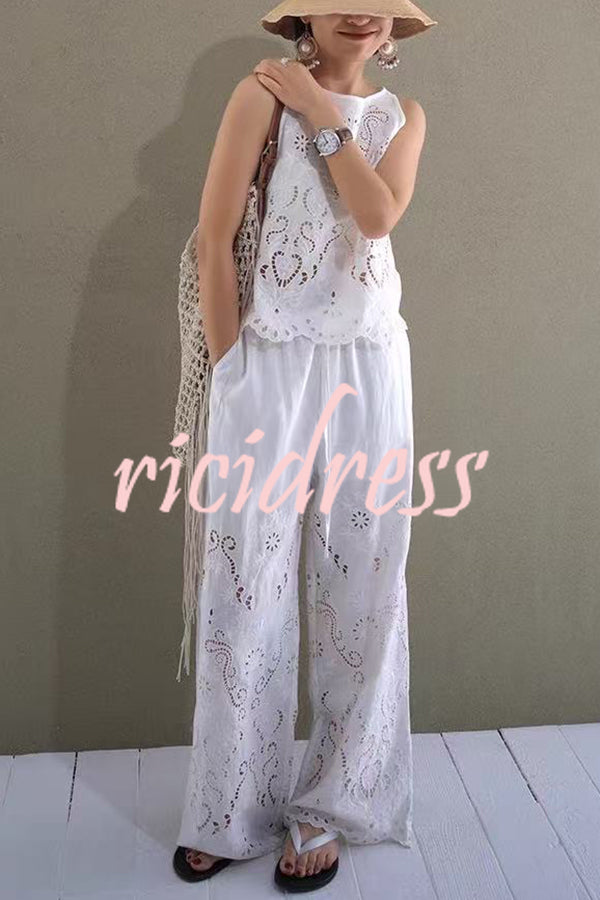 Linen Blend Solid Color Embroidered Hollow Loose Vest and Elastic Waist Casual Pocket Wide Leg Pants Set