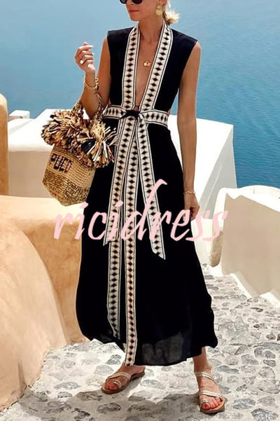 Fashionable Lock-edge Printed V-neck Lace-up Holiday Cover-up Robe