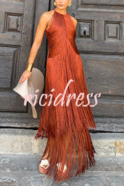 Fashion Sleeveless Halter Neck Elegant Tassel Slim Maxi Dress
