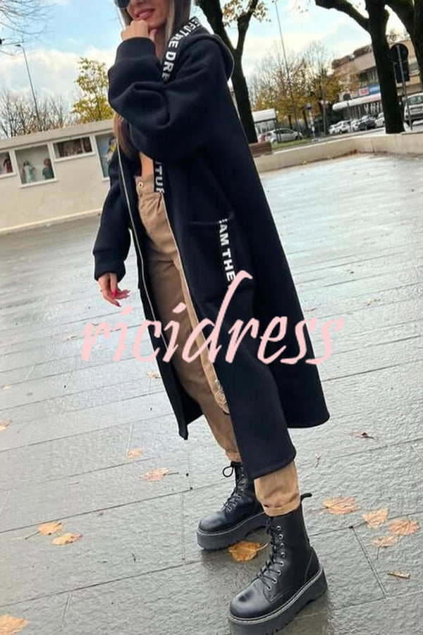 Fashionable and Casual Hooded Zipper Pocket Loose Long Coat