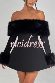 Cute and Luxe Faux Fur Trim Off Shoulder Bubble Shaped Mini Dress