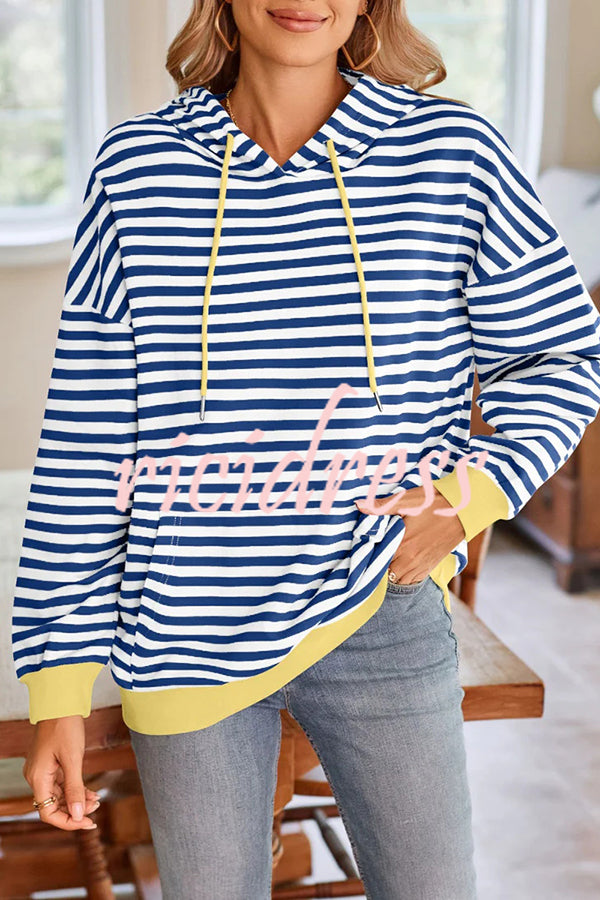 Striped Print Long Sleeve Pocket Loose Hoodie