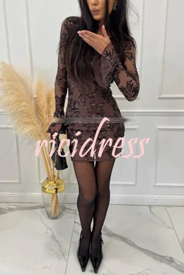 Deep and Dazzling Floral Texture Sequin Long Bell Sleeve Open Back Mini Dress