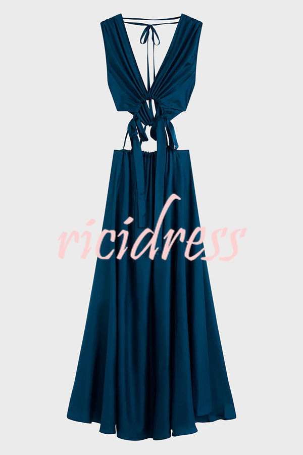 Midnight Charm Satin Ruched Cutout Tie-up Maxi Dress