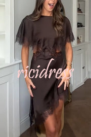 Jessica Satin Lace Trim Cape Sleeves Cutout Waist Asymmetrical Hem Midi Dress