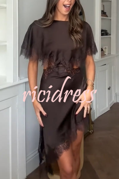 Jessica Satin Lace Trim Cape Sleeves Cutout Waist Asymmetrical Hem Midi Dress