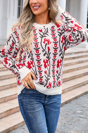 Fashionable Floral Knitted Crew Neck Casual Sweater