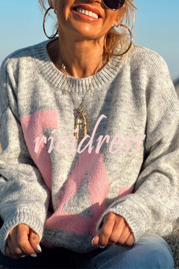 Letter Pattern Crew Neck Long Sleeve Loose Knit Sweater