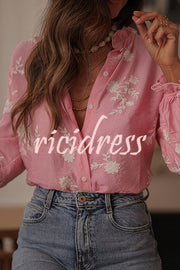 Floral Embroidery Long-Sleeved Button-Up Elegant Shirt