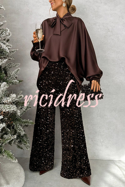 Chic and Merry Velvet Sequin High Rise Elastic Waist Flare Pants