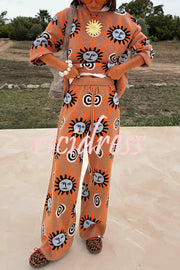 Mediterranean Art Knit Unique Sun Vortex Print Elastic Waist Wide Leg Pants