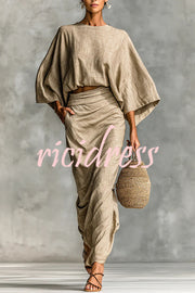 Linen Blend Batwing Sleeve Loose Top and Casual Pocket Maxi Skirt Set