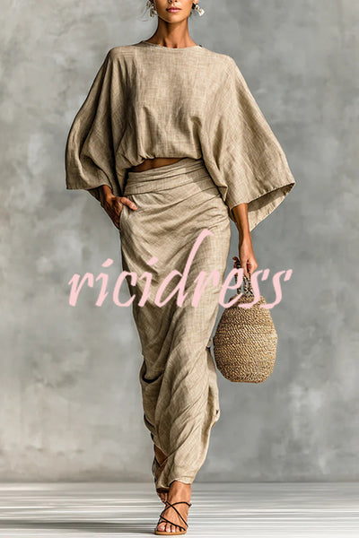 Linen Blend Batwing Sleeve Loose Top and Casual Pocket Maxi Skirt Set