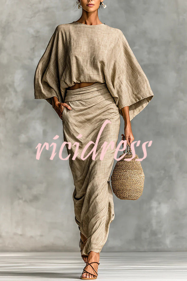 Linen Blend Batwing Sleeve Loose Top and Casual Pocket Maxi Skirt Set