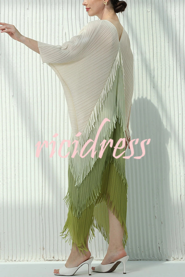 Fashionable Color-blocked Multi-layered Tassel Loose Midi Dress