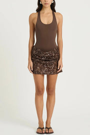 Shine Your Event Ruched Sequin Draped Hem Tank Stretch Mini Dress