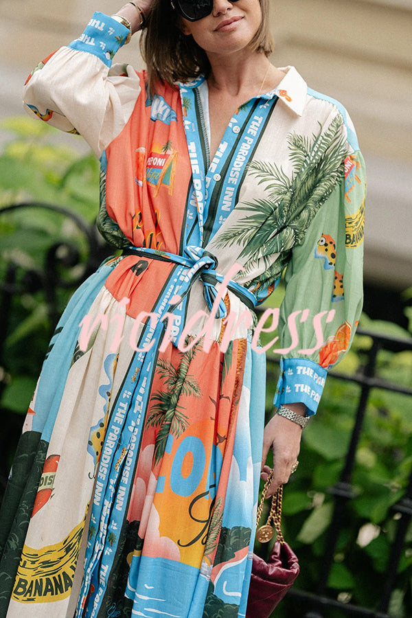 Unique Printed Lantern Sleeve Drawstring Shirt Resort Style Midi Dress