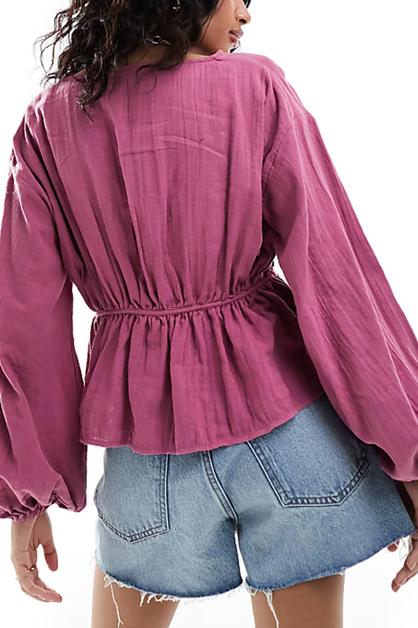 Solid Color V-neck Long-sleeved Tie-up Pleated Loose Top