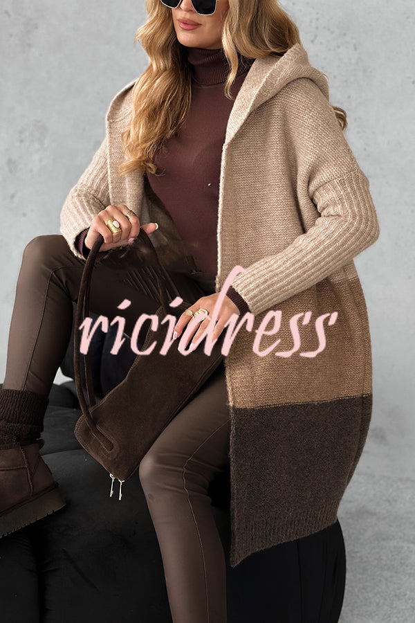 Fashionable Knit Patchwork Color Long-sleeved Hooded Loose Mid-length Cardigan