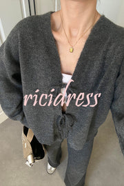 Solid Color V-neck Tie Long-sleeved Loose Knit Cardigan and Elastic Waist Casual Straight Leg Pants Set