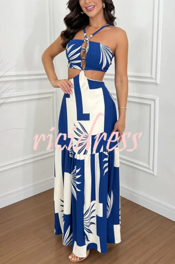 Farrier Printed Front Hollow Ring Design Cutout Slit Maxi Dress