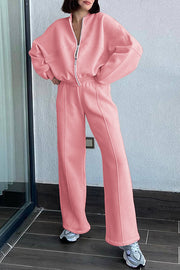 Solid Color Long-sleeved Zip-up Sports Jacket and Casual Elastic Waist Pocket Pants Set