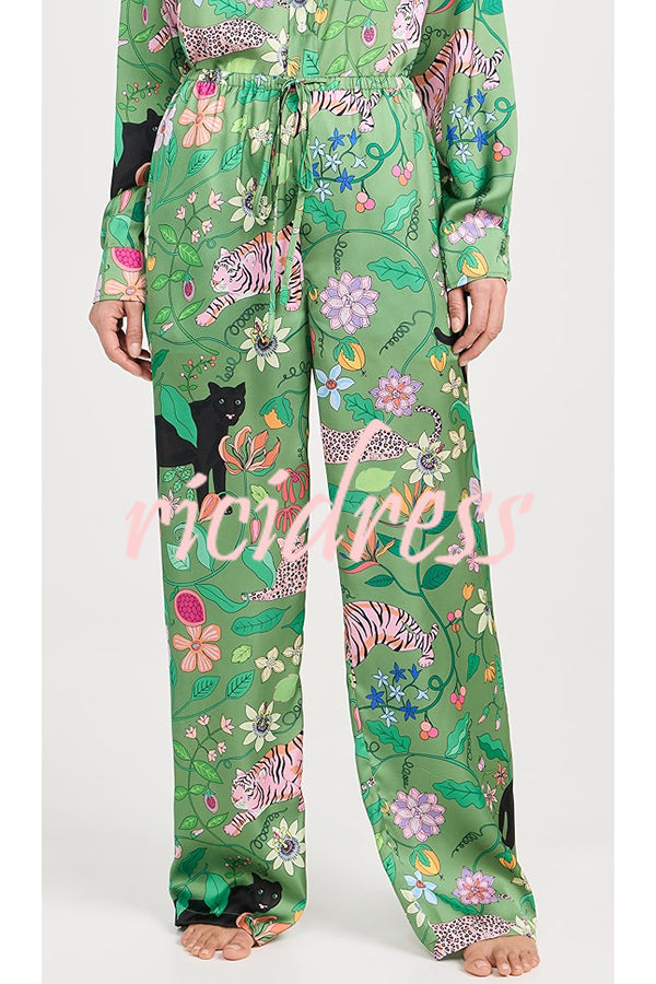 Quiet Jungle Satin Unique Print Long Sleeve Shirt and Elastic Waist Pocket Lounge Pants Set