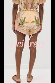 Royalty Unique Print Button Up Short Sleeve Shirt and Elastic Waist Pocketed Loose Shorts Set