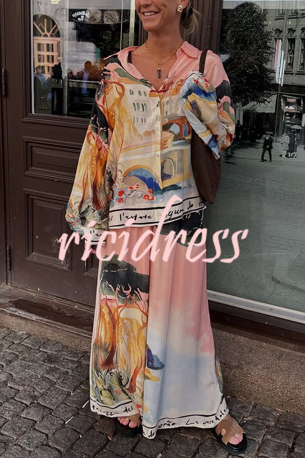 Ellison Unique Print Button Up Long Balloon Sleeve Loose Blouse