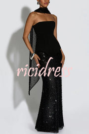 Oakley Corset Strapless Top and Sequin High Rise Maxi Skirt Scarf Set