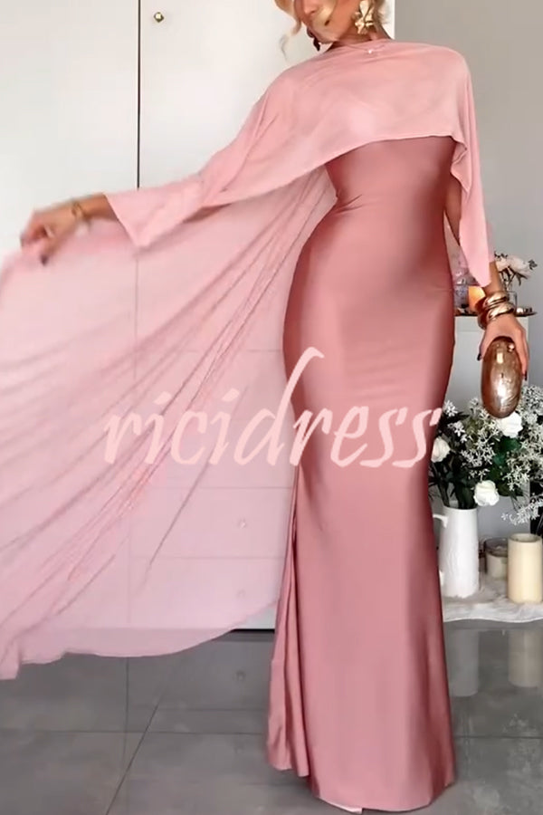 Party Charm Satin Sheer Chiffon High Low Cape Slip Maxi Dress