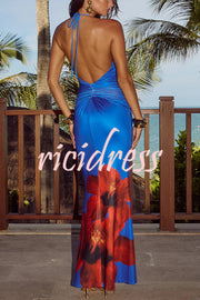 Floral Print Sexy Halterneck Open Back Pleated Slim Maxi Dress