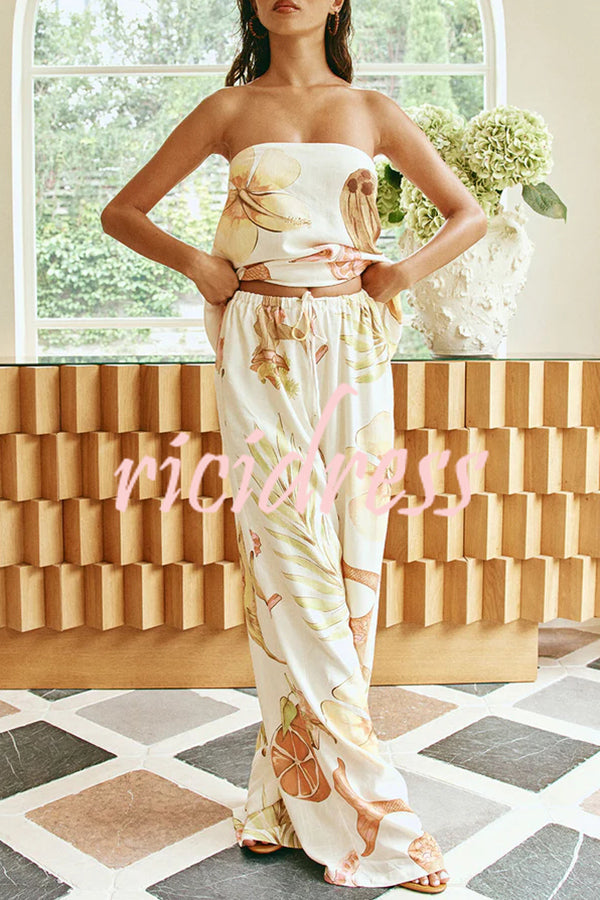 Island Time Linen Blend Unique Print Strapless Top and Elastic Waist Pocket Loose Pants Set