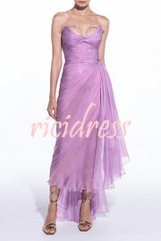 Julie Tulle Lace Trim Off Shoulder Ruched Back Lace-up Drape Slit Maxi Dress