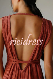 Resort Style V-neck Tie Pleated Casual Jumpsuit