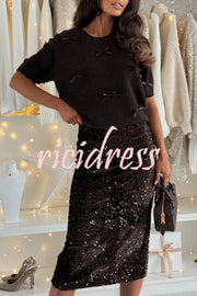 Light The Night Knit Satin Bow Detail Short Puff Sleeve Sweater