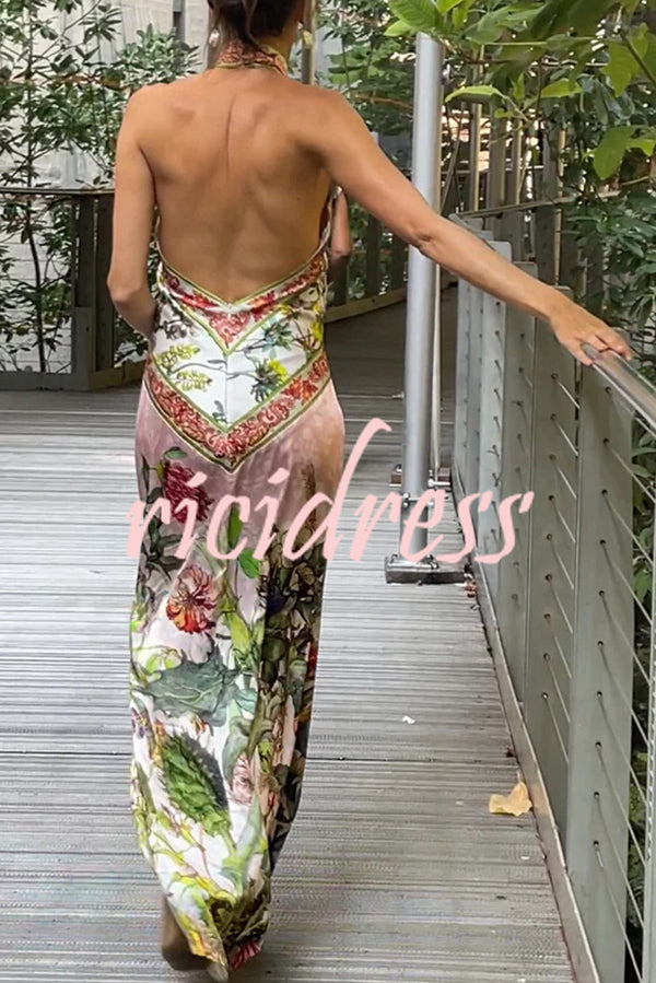 Botanical Print Sexy Sleeveless Open Back Maxi Dress