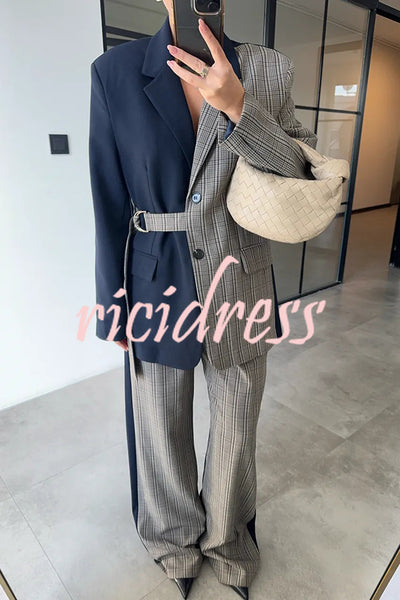 Nayla Plaid Contrast Color Belted Long Sleeve Lapel Blazer and Pocketed Wide Leg Pants Set