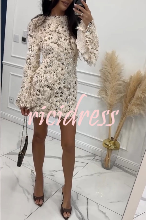 Twilight Ember Knit Sequin Tassels Wide Neck Long Bell Sleeve Mini Dress