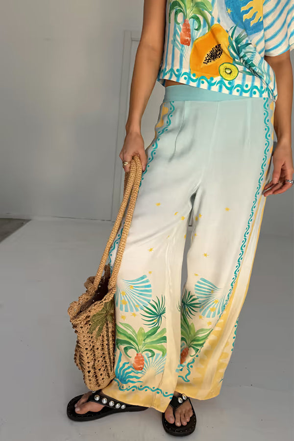 See You in Rio Tropical Fruits Print High Rise Elastic Waist Wide Leg Pants